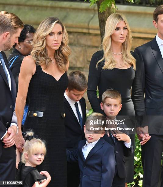 Eric Trump, Carolina Trump, Lara Trump, Joseph Kushner, Eric Luke Trump, Theo Kushner and Ivanka Trump are seen at the funeral of Ivana Trump on July...