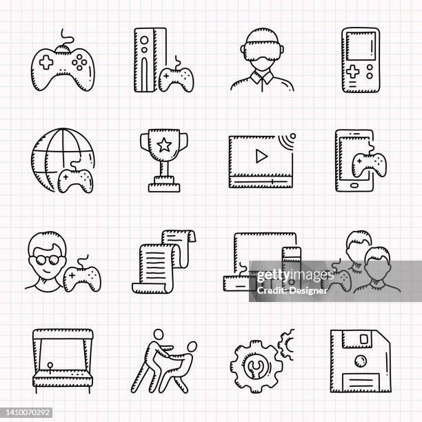 video games related hand drawn icons set, doodle style vector illustration - friends playing video games stock illustrations