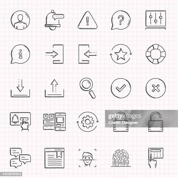 user interface related hand drawn icons set, doodle style vector illustration - designer wireframe stock-grafiken, -clipart, -cartoons und -symbole