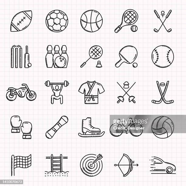 sports elements related hand drawn icons set, doodle style vector illustration - hockey gear stock illustrations