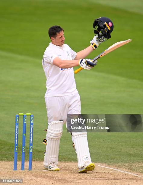 Tom Kohler-Cadmore of Yorkshire celebrates their century during Day Three of the LV= Insurance County Championship match between Somerset and...