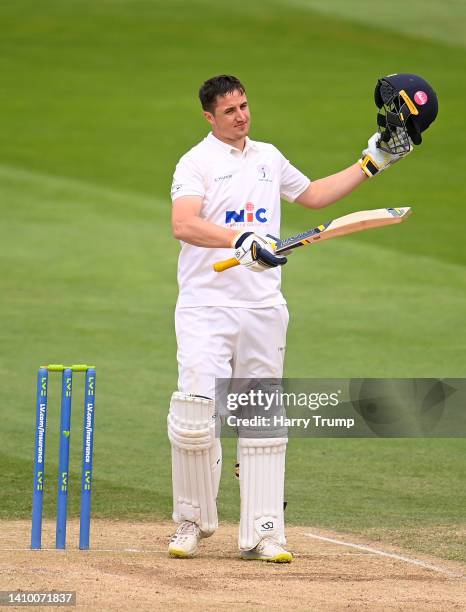 Tom Kohler-Cadmore of Yorkshire celebrates their century during Day Three of the LV= Insurance County Championship match between Somerset and...