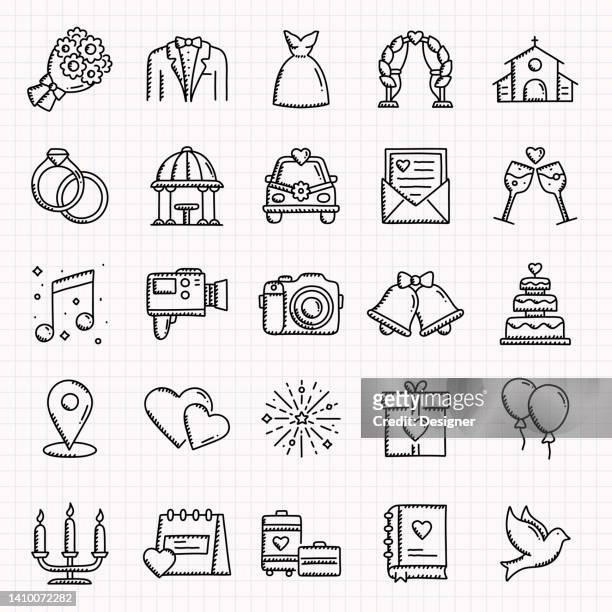ilustraciones, imágenes clip art, dibujos animados e iconos de stock de wedding related hand drawn icons set, doodle style vector illustration - honeymoon