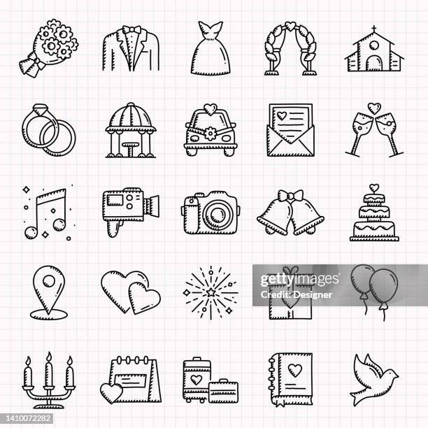illustrations, cliparts, dessins animés et icônes de ensemble d’icônes dessinées à la main liées à wedding, illustration vectorielle de style doodle - hand drawn wedding icons