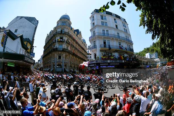 General view of the peloton competing in Lourdes city prior to the 109th Tour de France 2022, Stage 18 a 143,2km stage from Lourdes to Hautacam 1520m...