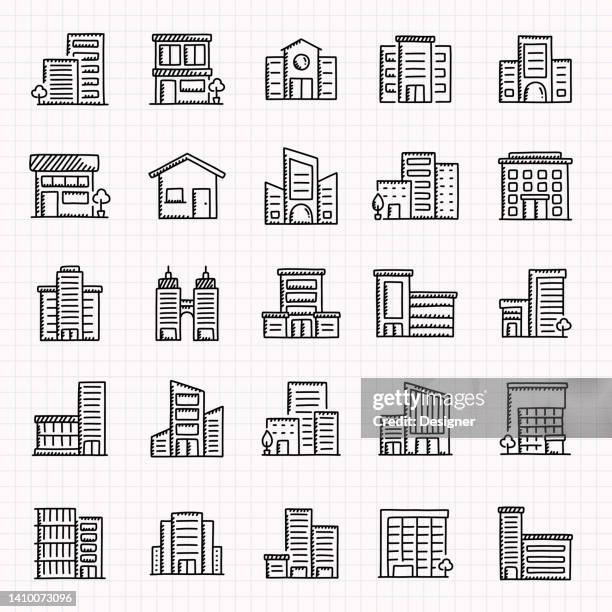 buildings related hand drawn icons set, doodle style vector illustration - modern town square stock illustrations