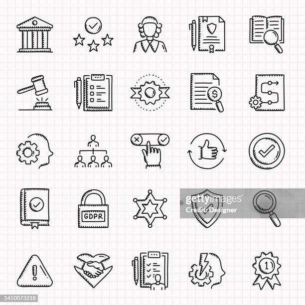 compliance related hand drawn icons set, doodle style vector illustration - judiciary committee 幅插畫檔、美工圖案、卡通及圖標