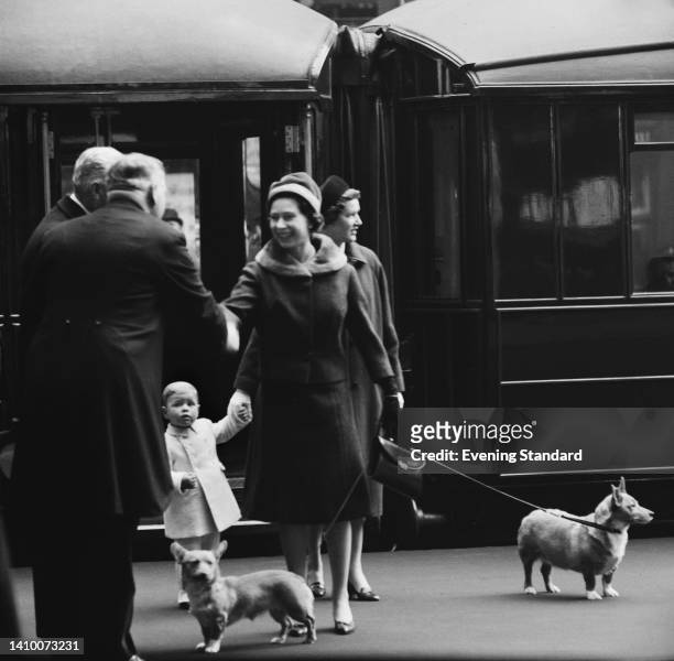Queen Elizabeth II is greeted by an person, with Prince Andrew and his nanny, Mabel Anderson, in the background along with two of the Queen's corgis,...