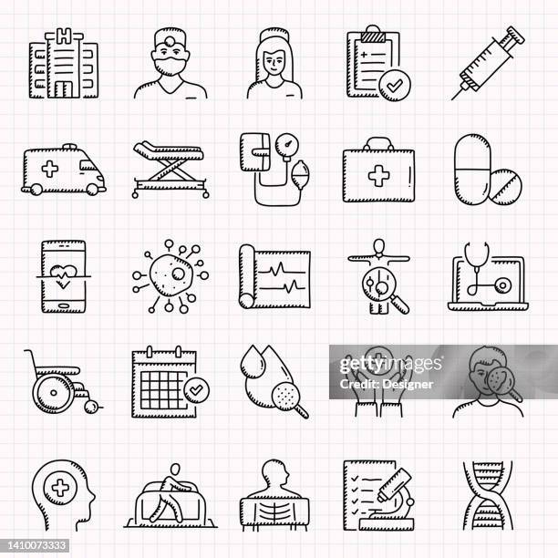 healthcare and medical related hand drawn icons set, doodle style vector illustration - medical scan icon stock illustrations