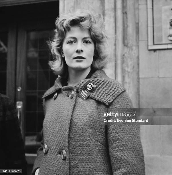 British actress Vanessa Redgrave, wearing a 'CND on Trial' badge pinned to her knitted jacket, attends the trial of the 'Wethersfield Six' at the...