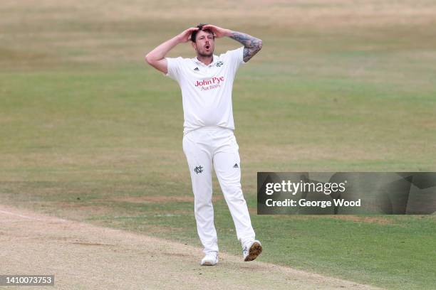 James Pattinson of Nottinghamshire reacts during the LV= Insurance County Championship match between Derbyshire and Nottinghamshire at The Incora...