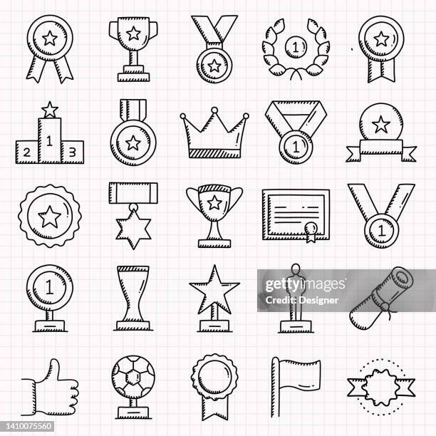 awards related hand drawn icons set, doodle style vector illustration - trophy plaque stock illustrations