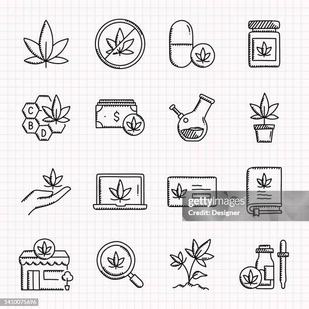 cannabis related hand drawn icons set, doodle style vector illustration - cannabis medicinal 幅插畫檔、美工圖案、卡通及圖標