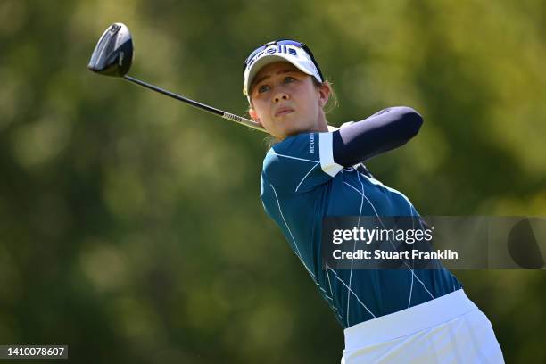 Nelly Korda of The United States tees off on the 13th hole on day one of The Amundi Evian Championship at Evian Resort Golf Club on July 21, 2022 in...