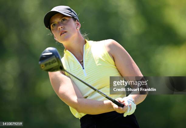 Linn Grant of Sweden tees off on the 13th hole on day one of The Amundi Evian Championship at Evian Resort Golf Club on July 21, 2022 in...