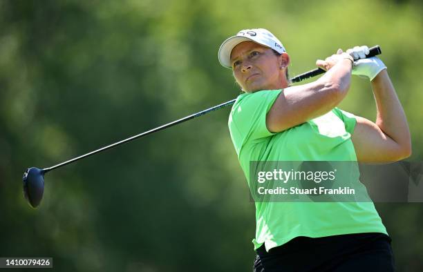 Angela Stanford of The United States tees off on the 13th hole on day one of The Amundi Evian Championship at Evian Resort Golf Club on July 21, 2022...