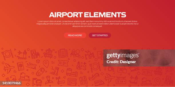 airport elements web banner with linear icons, trendy linear style vector - control tower icon stock illustrations