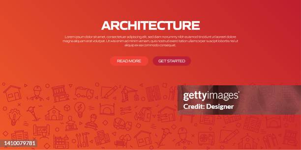 architecture web banner with linear icons, trendy linear style vector - engineering office background stock illustrations