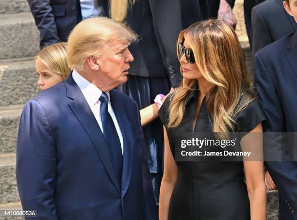 Former U.S. President Donald Trump and former U.S. First Lady Melania Trump are seen at the funeral of Ivana Trump on July 20, 2022 in New York City.