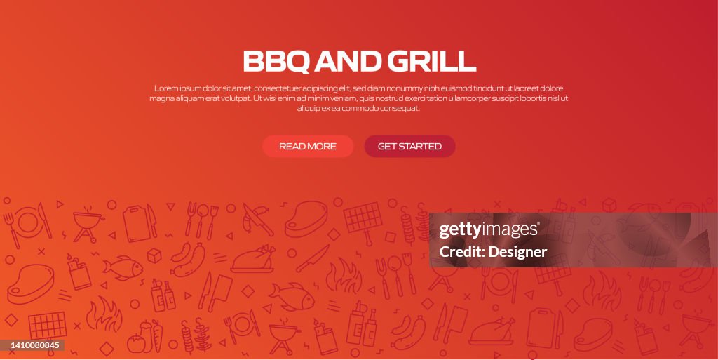 BBQ AND GRILL Web Banner with Linear Icons, Trendy Linear Style Vector