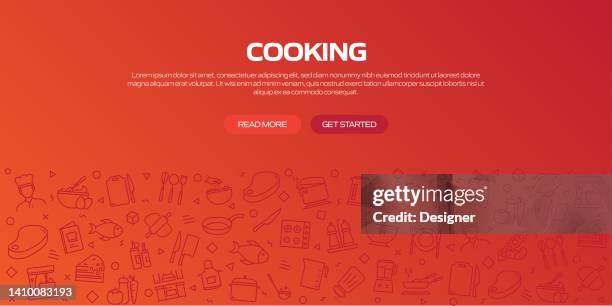 cooking web banner with linear icons, trendy linear style vector - frying pan background stock illustrations