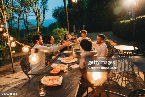 friends toasting together at dinner - al fresco dining stock pictures, royalty-free photos & images