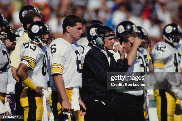 Joe Walton, Offensive Coordinator and Bubby Brister, Quarterback for the Pittsburgh Steelers look on from the side line during the American Football...