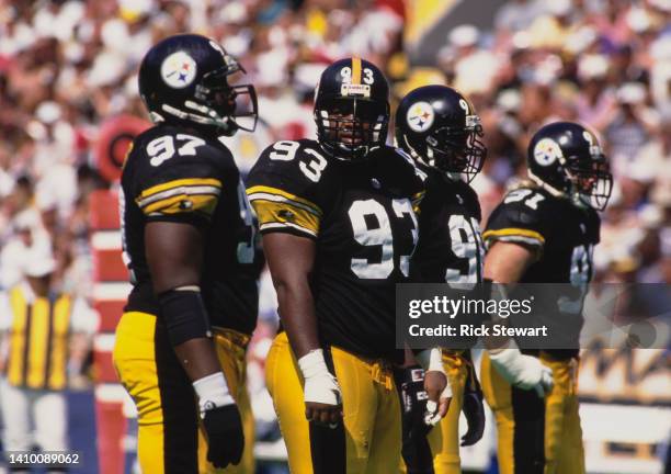 Joel Steed, Nose Tackle for the Pittsburgh Steelers looks on from the sideline with the defensive line during the American Football Conference...