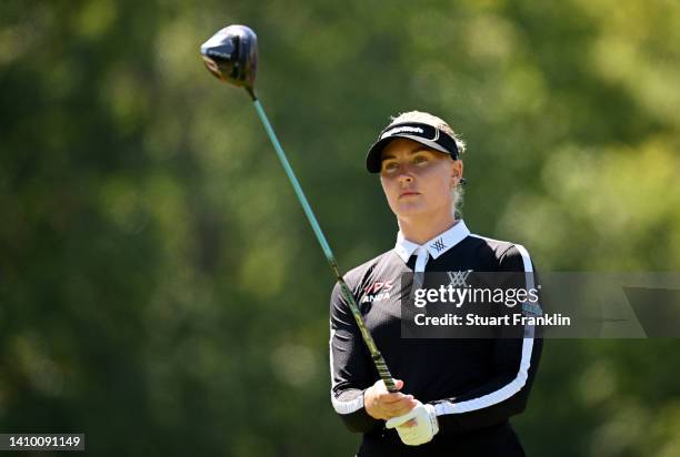 Charley Hull of England tees off on the 13th hole on day one of The Amundi Evian Championship at Evian Resort Golf Club on July 21, 2022 in...