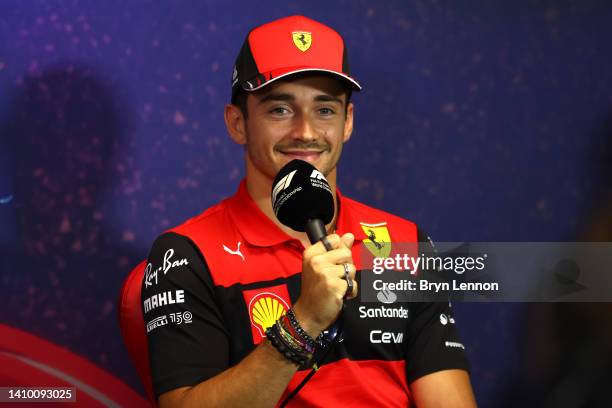 Charles Leclerc of Monaco and Ferrari talks in the Drivers Press Conference during previews ahead of the F1 Grand Prix of France at Circuit Paul...