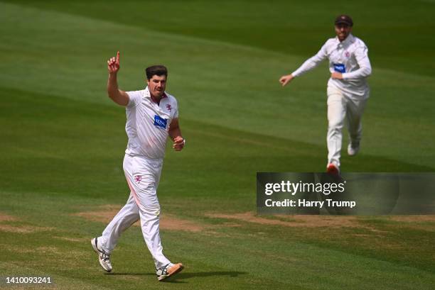 Marchant De Lange of Somerset celebrates the wicket of Jonathan Tattersall of Yorkshire during Day Three of the LV= Insurance County Championship...