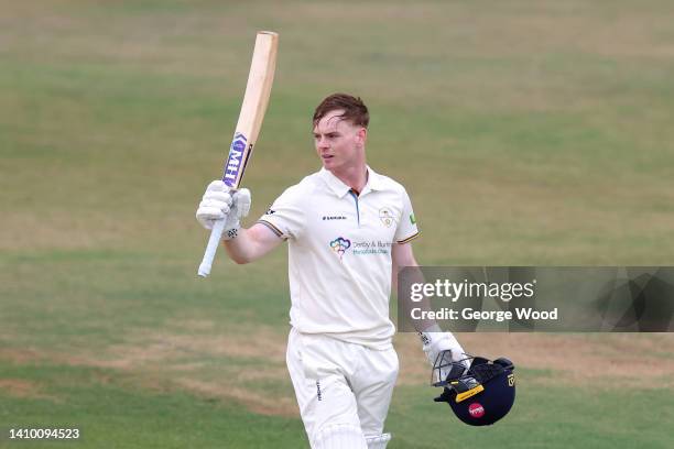 Brooke Guest of Derbyshire acknowledges the crowd after making a century during the LV= Insurance County Championship match between Derbyshire and...