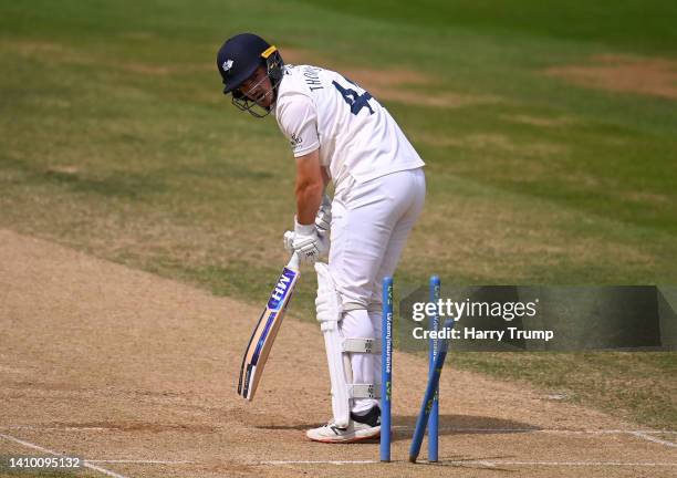 Jordan Thompson of Yorkshire is bowled by Marchant De Lange of Somerset during Day Three of the LV= Insurance County Championship match between...