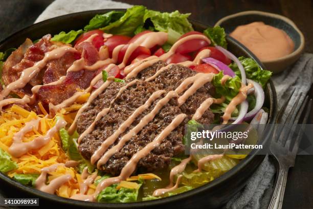 bacon double cheeseburger salad bowl - low carb diet stock pictures, royalty-free photos & images