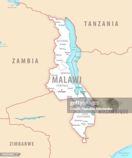 malawi detailed map with regions and cities of the country. - malawi stock illustrations