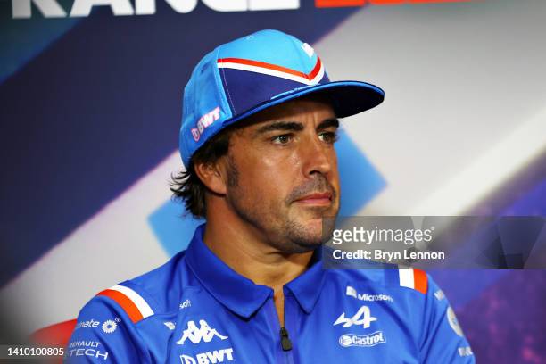Fernando Alonso of Spain and Alpine F1 talks in the Drivers Press Conference during previews ahead of the F1 Grand Prix of France at Circuit Paul...