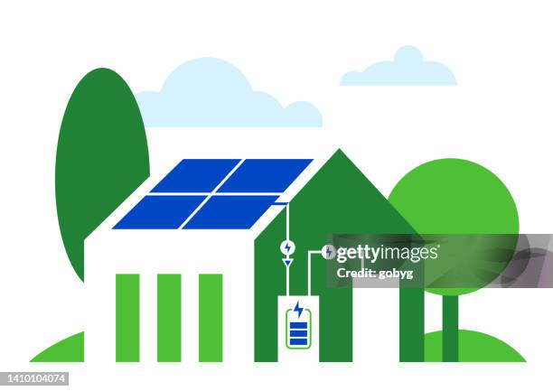 solar electricity and battery energy storage - power supply stock illustrations