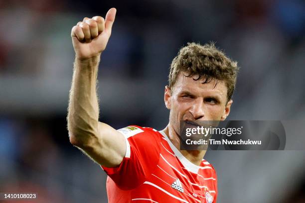 Thomas Mueller of Bayern Munich celebrates after scoring their side's sixth goal during the pre-season friendly match between DC United and Bayern...