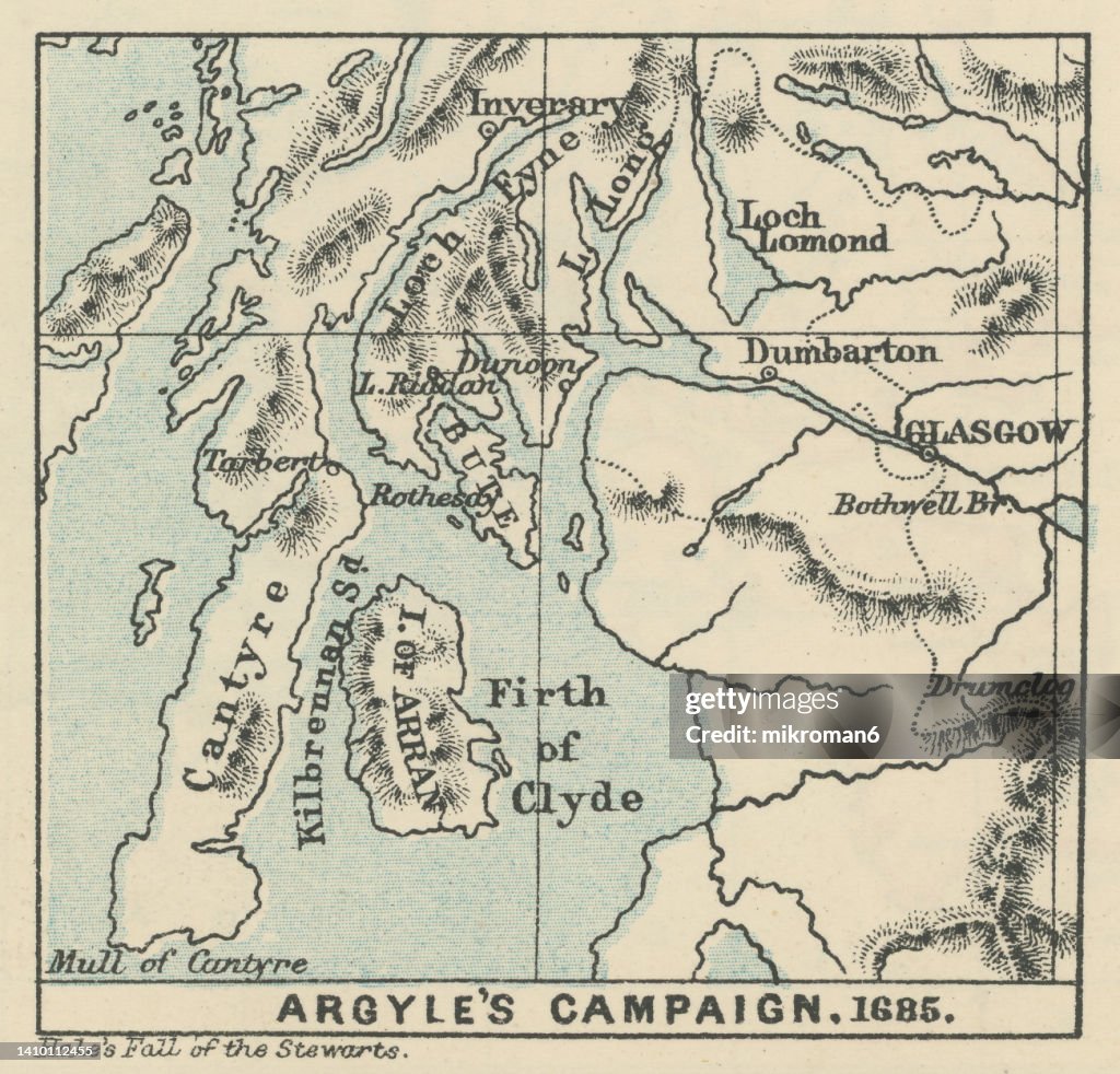Old engraved map of Argyll's Rising, also known as Argyll's Rebellion, was an attempt in June 1685 to overthrow James II and VII