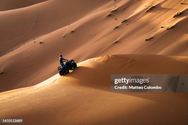 quad on the sand dunes, merzouga, morocco - merzouga stockfoto's en -beelden