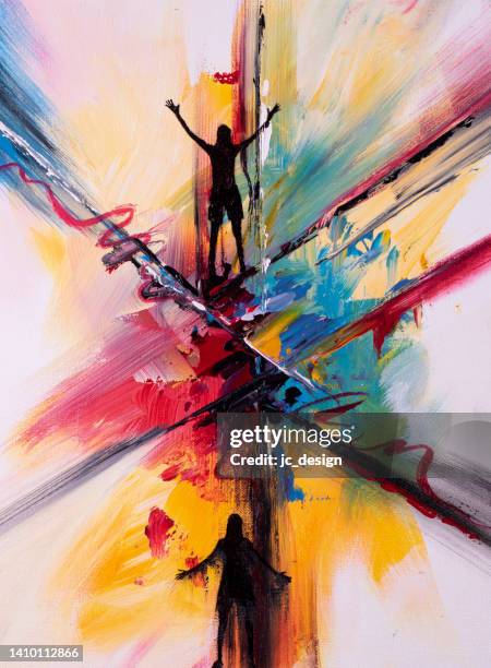 colorful abstract painting of a person transforming from low to high - acrylic painting stock illustrations