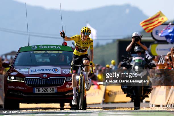 Jonas Vingegaard Rasmussen of Denmark and Team Jumbo - Visma - Yellow Leader Jersey celebrates at finish line as stage winner during the 109th Tour...