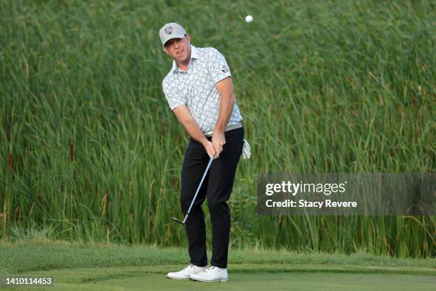 Robert Garrigus of the United States plays his shot on the 10th hole during the first round of the 3M Open at TPC Twin Cities on July 21, 2022 in...