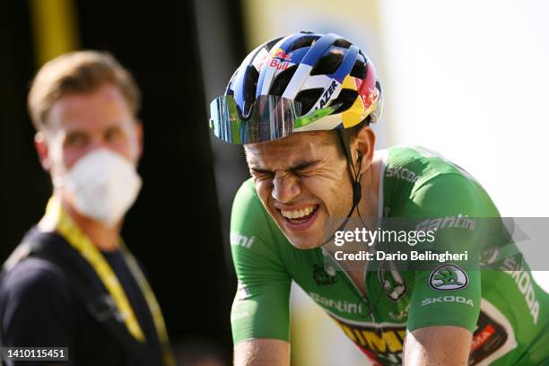 Wout Van Aert of Belgium and Team Jumbo - Visma - Green Points Jersey reacts after the 109th Tour de France 2022, Stage 18 a 143,2km stage from...