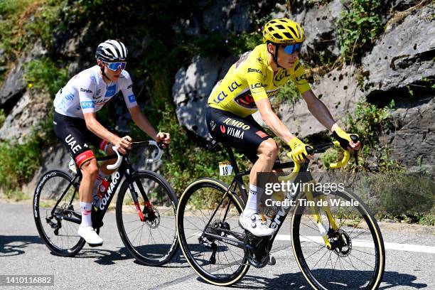 Tadej Pogacar of Slovenia and UAE Team Emirates - White Best Young Rider Jersey and Jonas Vingegaard Rasmussen of Denmark and Team Jumbo - Visma -...