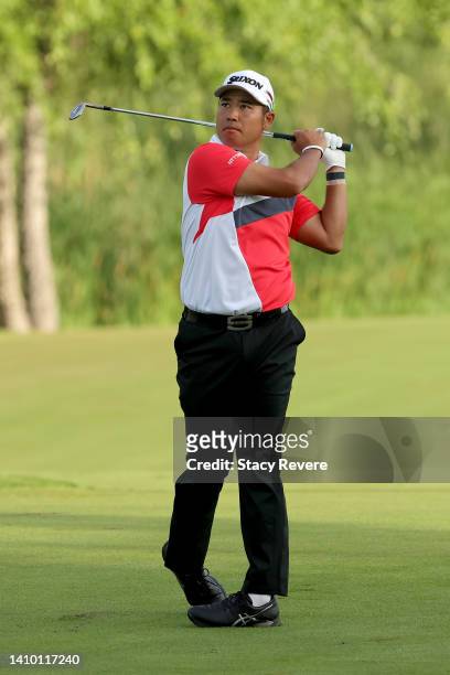 Hideki Matsuyama of Japan plays his shot on the 10th hole during the first round of the 3M Open at TPC Twin Cities on July 21, 2022 in Blaine,...