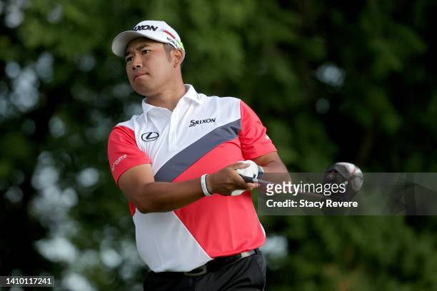 Hideki Matsuyama of Japan plays his shot from the 11th tee during the first round of the 3M Open at TPC Twin Cities on July 21, 2022 in Blaine,...