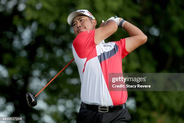 Hideki Matsuyama of Japan plays his shot from the 11th tee during the first round of the 3M Open at TPC Twin Cities on July 21, 2022 in Blaine,...