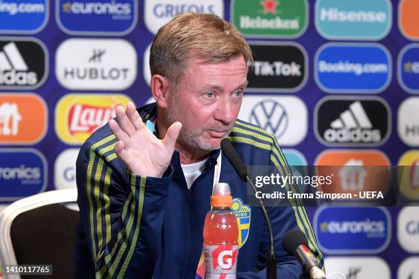 Peter Gerhardsson, Manager of Sweden speaks to the media during the UEFA Women's Euro 2022 Sweden press conference at De Vere Carden Park Hotel on...