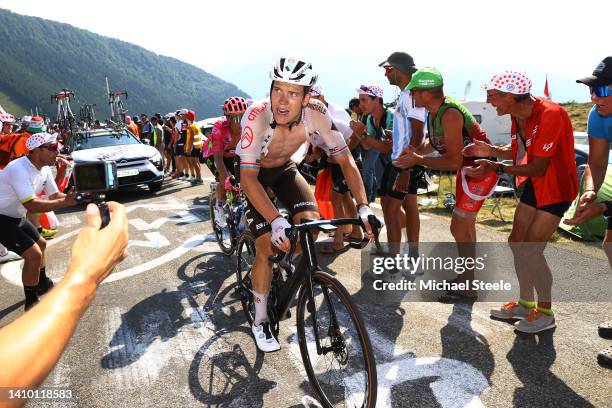 Bob Jungels of Luxembourg and AG2R Citröen Team competes while fans cheer during the 109th Tour de France 2022, Stage 18 a 143,2km stage from Lourdes...